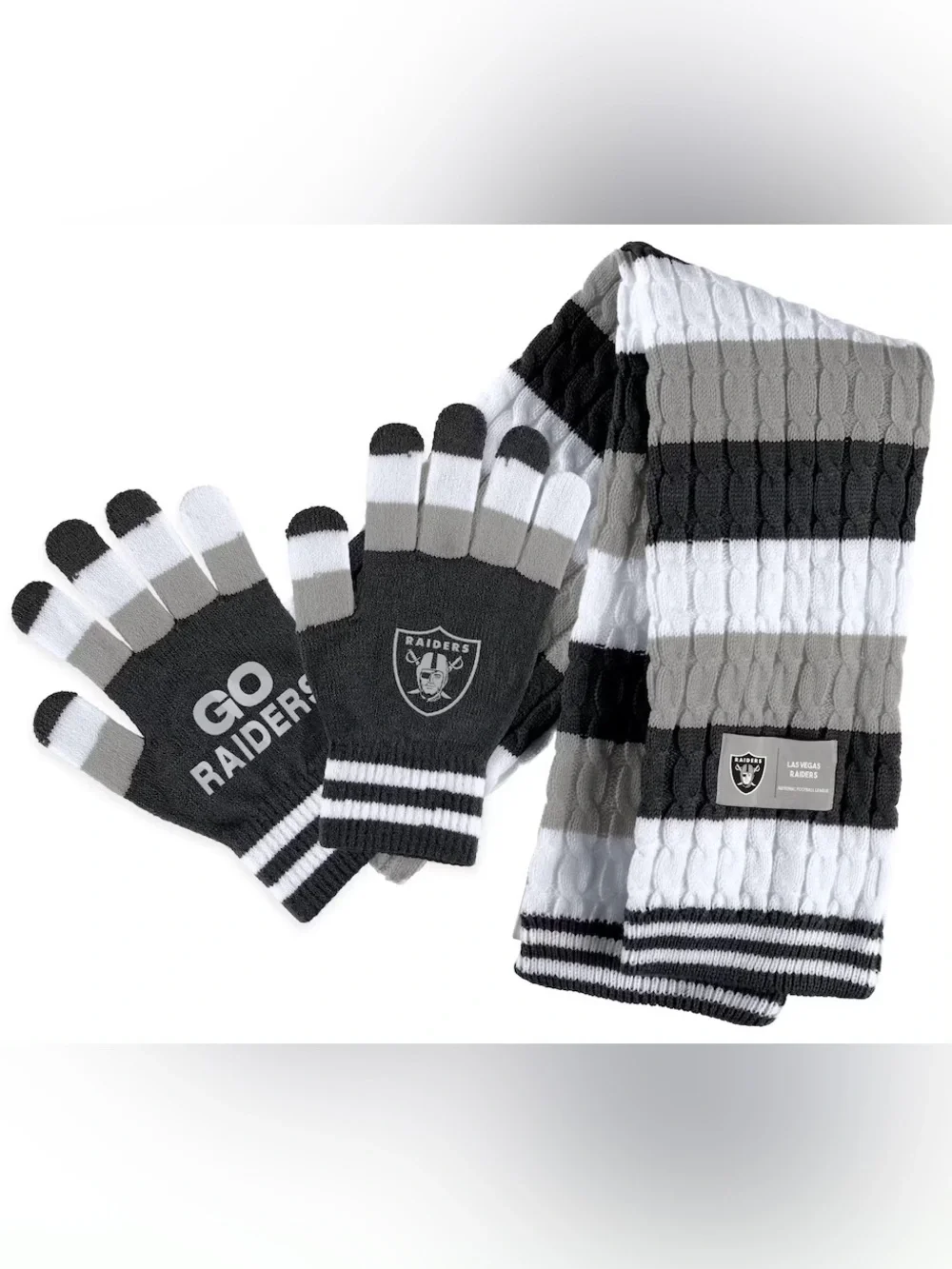 $50 Las Vegas Raiders WEAR by Erin Andrews Women's Striped Scarf & Gloves Set
